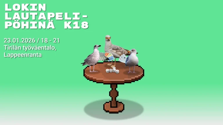 Kolme lokkia seisoo pöydän äärellä pelaamassa lautapelejä. Taustalla vihreä seinä ja tapahtuman nimi ja päivämäärä.