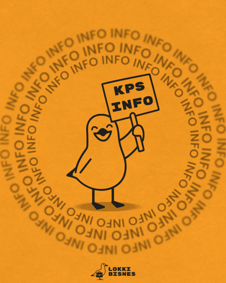 Kuvassa lokki joka pitää kylttiä jossa on KPS Info teksti ja lokin ympärillä on INFO tekstiä, alla lokkibisnes logo.