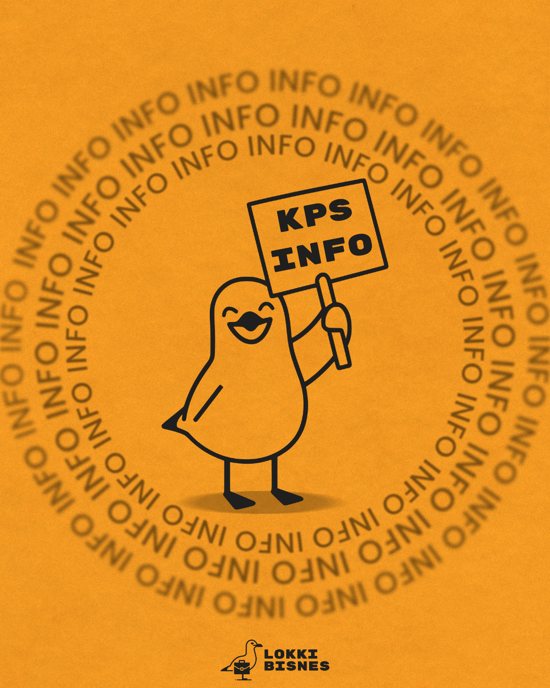 Kuvassa lokki joka pitää kylttiä jossa on KPS Info teksti ja lokin ympärillä on INFO tekstiä, alla lokkibisnes logo.