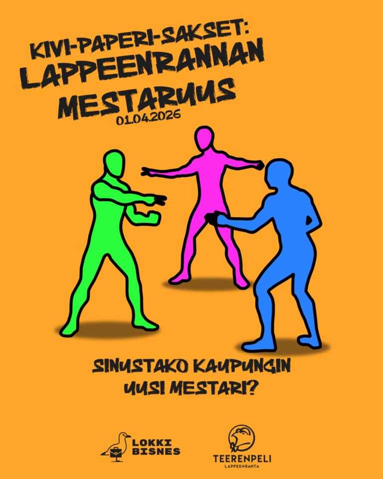 Kivi paperi sakset -turnauksen juliste jossa tapahtuman nimi ja päivämäärä sekä kolme värikästä hahmoa pelaamassa kivi paperi saksia oranssilla taustalla. Alla Lokki Bisneksen ja Teerenpeli Lappeenrannan logo.